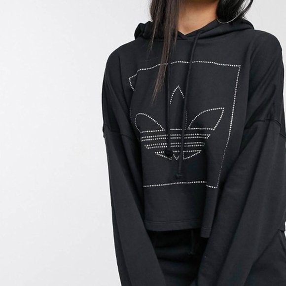Adidas Cropped Hooded Sweatshirt with Bedazzled Logo Size L - Picture 10 of 11